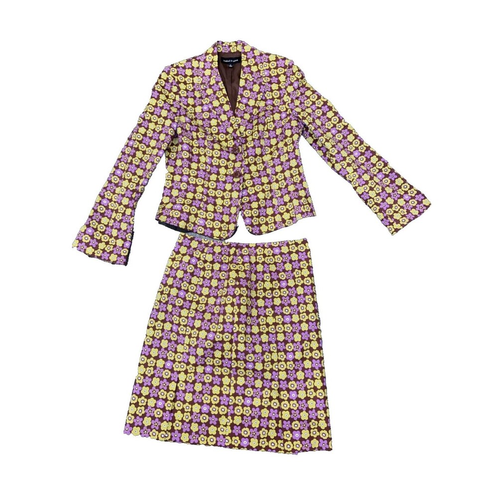 Isabel & Nina Floral Purple/Olive Skirt Suit size 6 70's Style, Flared Cuff, EUC